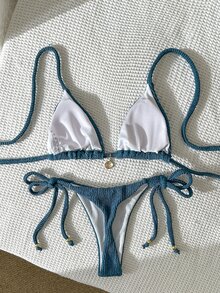 SHEIN Swim Green Plain Halter Bikini Set With Tie Side Bottoms For Women Swimwear - Green - View 2