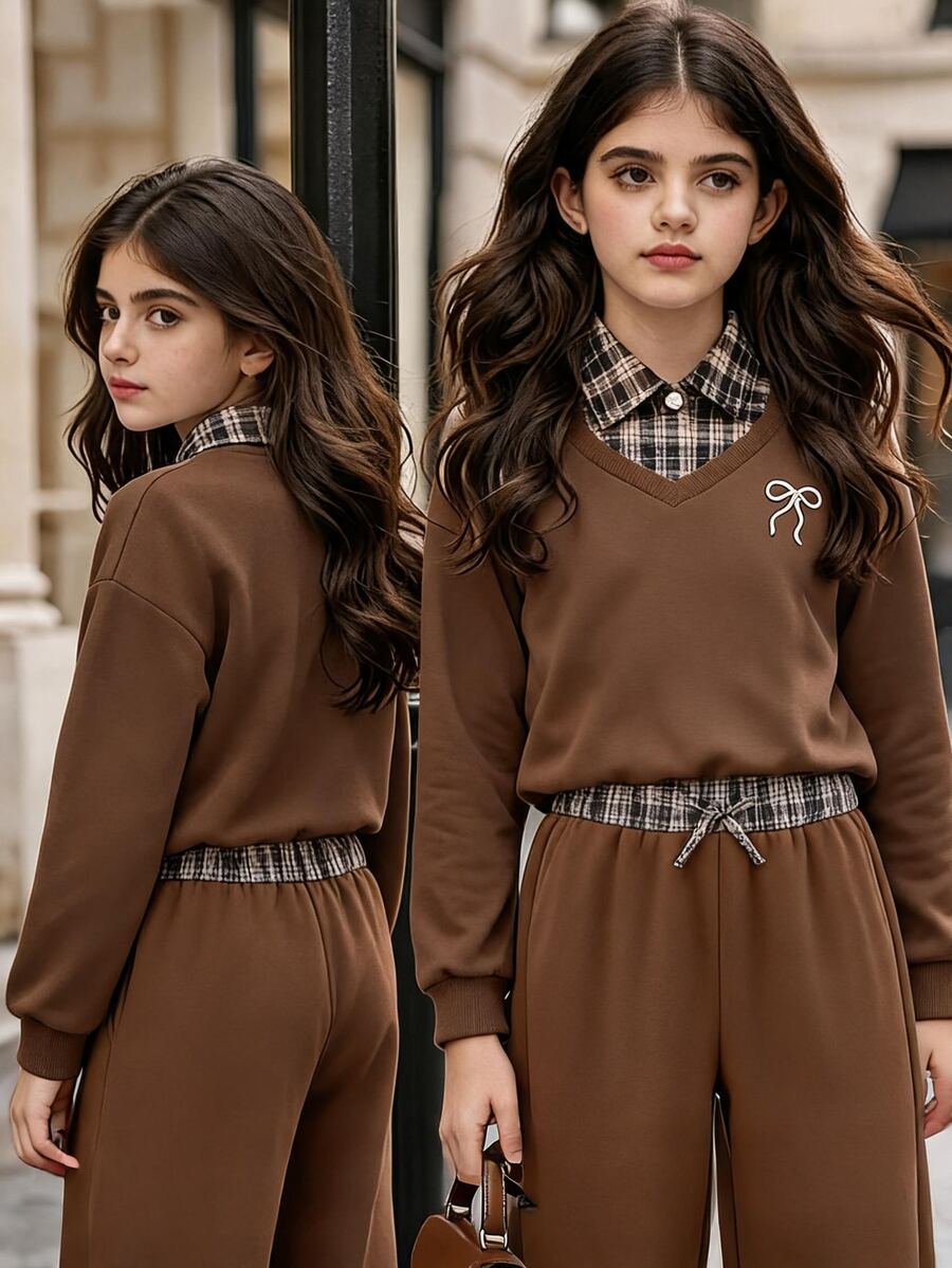 SHEIN ChillGRL 青少年女孩休閒街頭風棕色格紋撞色假領上衣長褲兩件套運動服，保暖抓絨內裡蝴蝶結圖案套裝，適合秋季假期正式場合 - 棕色 - 查看 1