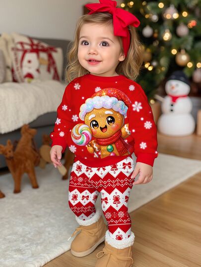 Merry Christmas, Baby Girl Casual Cute Adorable Cartoon Christmas Glitter Gingerbread Man Pattern, Fair Isle, Christmas Red Festive Soft Thick Crew Neck Long Sleeve Sweatshirt And Leggings, Suitable For Autumn/Winter Baby Festive Xmas Wear