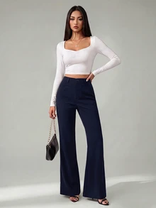 SHEIN Tall 女款純色前開扣休閒修身喇叭黑長褲 - 藏蓝色 - 查看 6