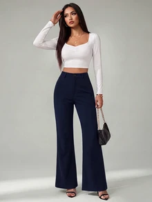 SHEIN Tall 女款純色前開扣休閒修身喇叭黑長褲 - 藏蓝色 - 查看 5