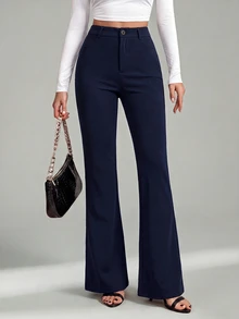 SHEIN Tall 女款純色前開扣休閒修身喇叭黑長褲 - 藏蓝色 - 查看 9