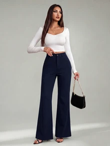 SHEIN Tall 女款純色前開扣休閒修身喇叭黑長褲 - 藏蓝色 - 查看 4