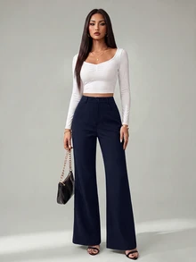 SHEIN Tall 女款純色前開扣休閒修身喇叭黑長褲 - 藏蓝色 - 查看 7