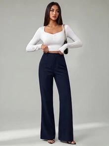 SHEIN Tall 女款純色前開扣休閒修身喇叭黑長褲 - 藏蓝色 - 查看 8