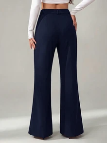SHEIN Tall 女款純色前開扣休閒修身喇叭黑長褲 - 藏蓝色 - 查看 2