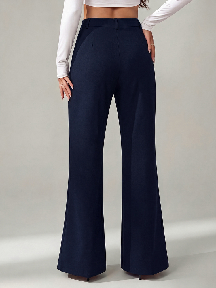 SHEIN Tall Women's Solid Color Front Button Casual Fitted Flare Black Pants - Navy Blue - View 2