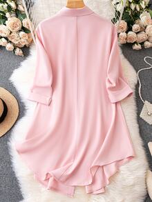 Rometta Romantic Date  Plus Roll Tab Sleeve Curved Hem Shirt Dress Fall Cloth For Women - Baby Pink - View 4