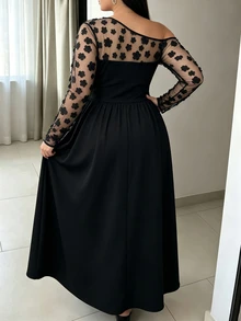 Elenzga Plus Size Elegant Party Dress, Sheer Floral Mesh Long Sleeve OffShoulder ALine Formal Black Gown Fall - Black - View 4
