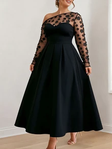Elenzga Plus Size Elegant Party Dress, Sheer Floral Mesh Long Sleeve OffShoulder ALine Formal Black Gown Fall - Black - View 2