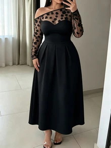 Elenzga Plus Size Elegant Party Dress, Sheer Floral Mesh Long Sleeve OffShoulder ALine Formal Black Gown Fall - Black - View 3