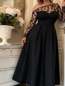Elenzga Plus Size Elegant Party Dress, Sheer Floral Mesh Long Sleeve OffShoulder ALine Formal Black Gown Fall - Black - View 1