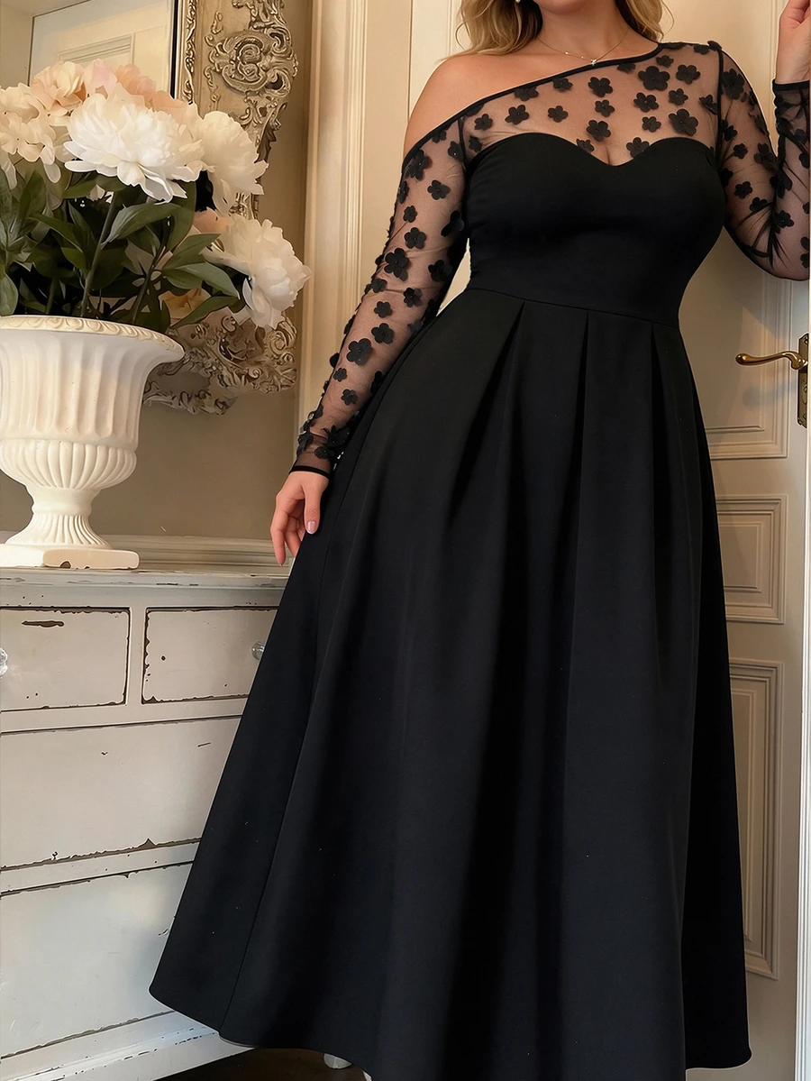 Elenzga Plus Size Elegant Party Dress, Sheer Floral Mesh Long Sleeve OffShoulder ALine Formal Black Gown Fall - Black - View 1