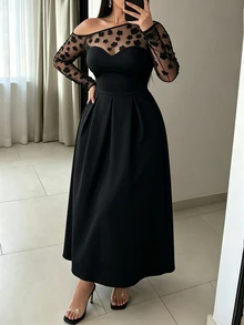 Elenzga Plus Size Elegant Party Dress, Sheer Floral Mesh Long Sleeve OffShoulder ALine Formal Black Gown Fall - Black - View 5