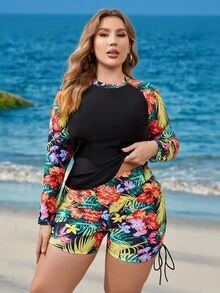 SHEIN Swim 加大碼圓領花卉印花長袖比基尼泳衣 - 彩色 - 查看 3