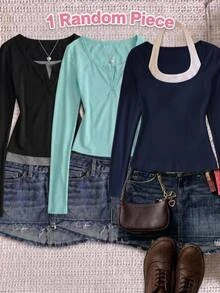 SHEIN Teen Girl Teen Girls Ribbed Colorblock Halter Neck 2 In 1 Long Sleeve Slim Fit T-Shirt, Autumn/Winter - Blue and White - View 1