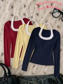 SHEIN Teen Girl Teen Girls Ribbed Colorblock Halter Neck 2 In 1 Long Sleeve Slim Fit T-Shirt, Autumn/Winter - Blue and White - View 3