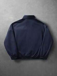 PAVTROS 男士字母刺繡青蛙鈕扣門襟休閒街頭風夾克，度假秋季款 - 藏蓝色 - 查看 2