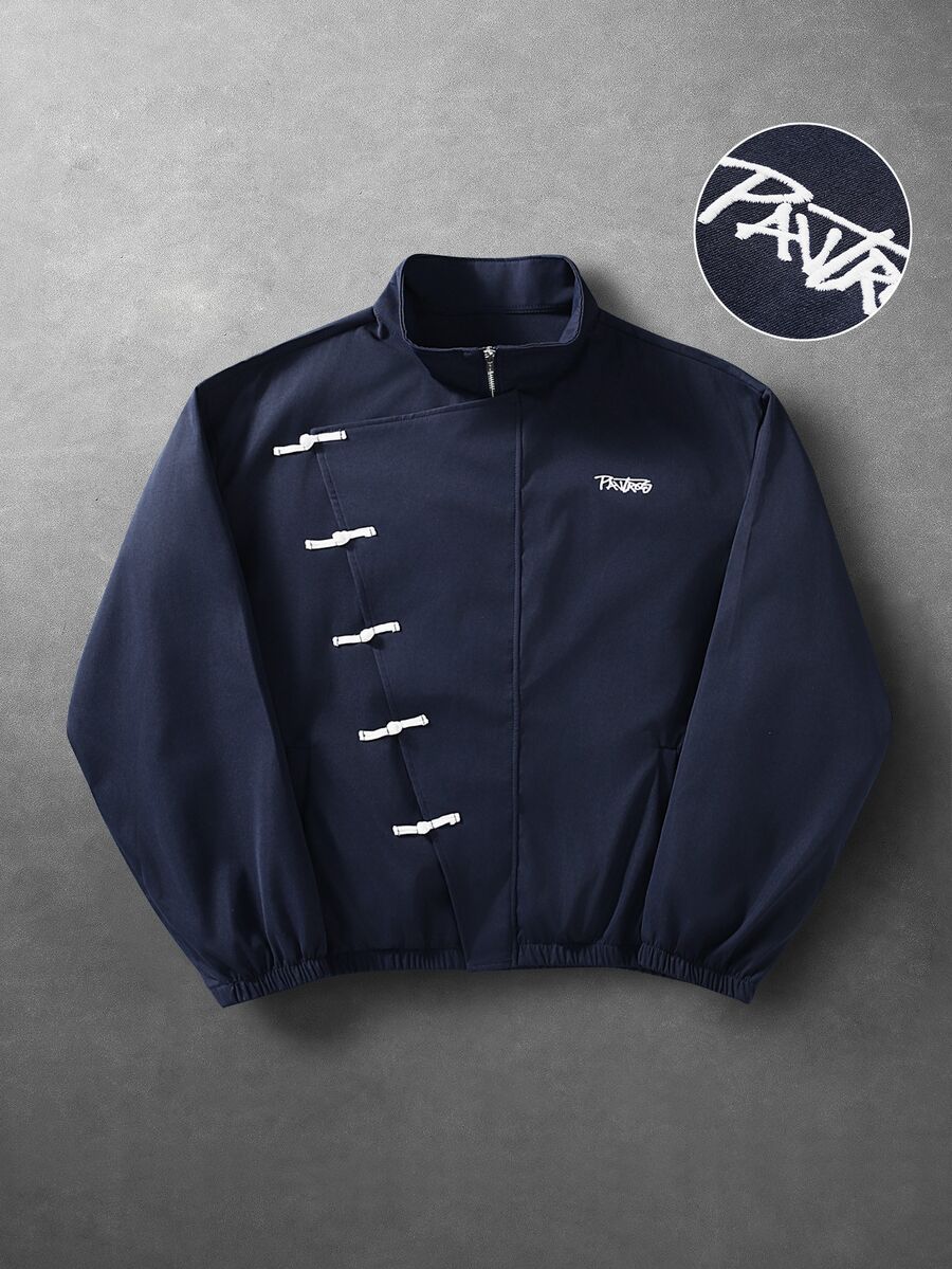 PAVTROS 男士字母刺繡青蛙鈕扣門襟休閒街頭風夾克,度假秋季款 - 藏蓝色 - 查看 1