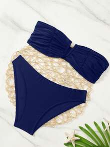 Swim Basics Women's Solid Color Ruffle Bandeau Sexy Bikini Set, Summer Beach Bathing Suit - Navy Blue - View 3