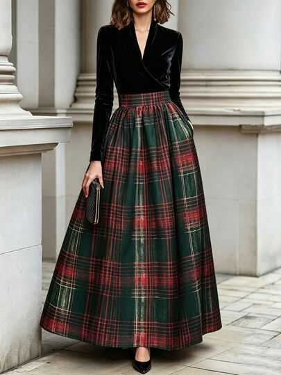 SHEIN Velvet Wrap V Neck Long Sleeve Christmas Tartan Plaid Dress Elegant Vintage A Line Flared Long Women Holiday Party Party Night Dinner Black Plaid Fall