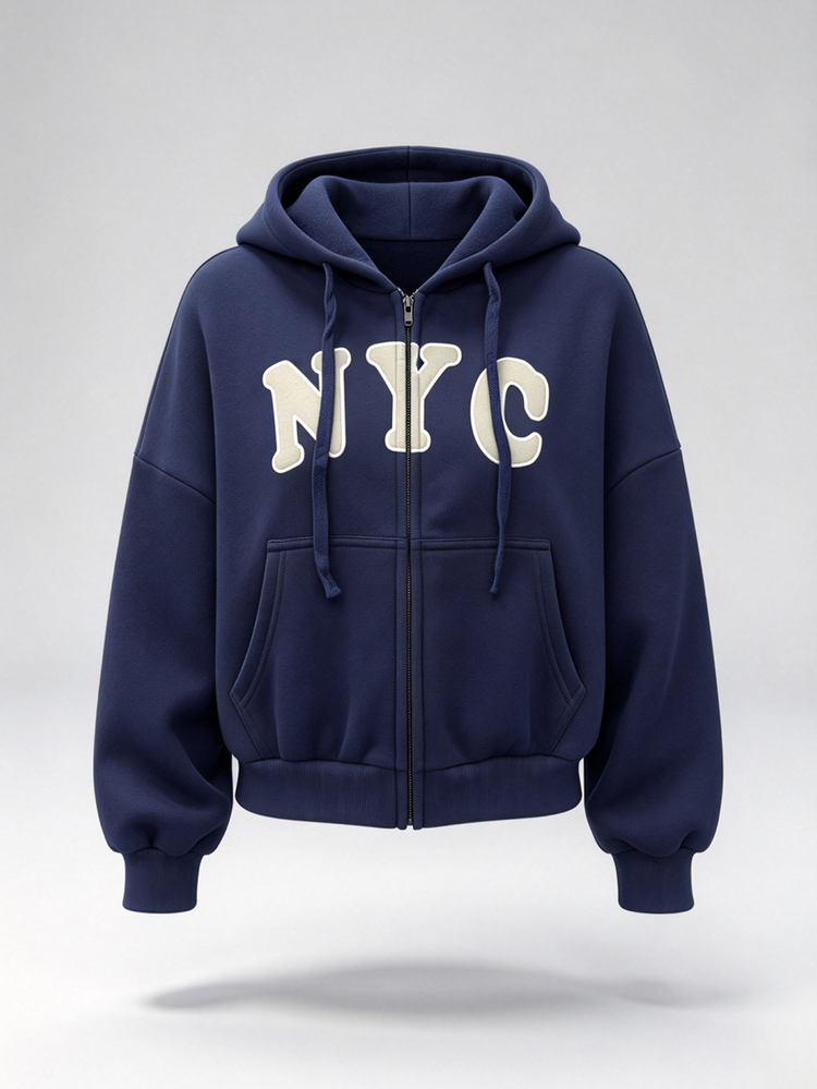 IslaSuriya Letter Graphic Zip Up Drawstring Hooded Thermal Sweatshirt - Navy Blue - View 6