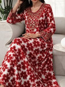 Al Najma 女款秋季優雅圓領長袖阿拉伯風紅色洋裝，適合派對、約會之夜、特殊場合與晚宴活動 - 紅色 - 查看 4