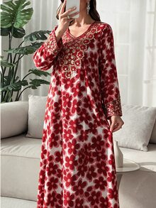 Al Najma 女款秋季優雅圓領長袖阿拉伯風紅色洋裝，適合派對、約會之夜、特殊場合與晚宴活動 - 紅色 - 查看 6