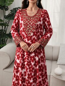 Al Najma 女款秋季優雅圓領長袖阿拉伯風紅色洋裝，適合派對、約會之夜、特殊場合與晚宴活動 - 紅色 - 查看 5