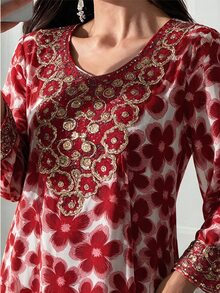 Al Najma 女款秋季優雅圓領長袖阿拉伯風紅色洋裝，適合派對、約會之夜、特殊場合與晚宴活動 - 紅色 - 查看 3