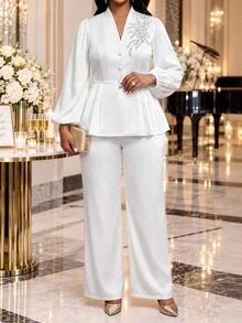 Fleurora Plus Size Button Embroidered Sequin Top And Loose Pants 2 Pieces Set - White - View 3