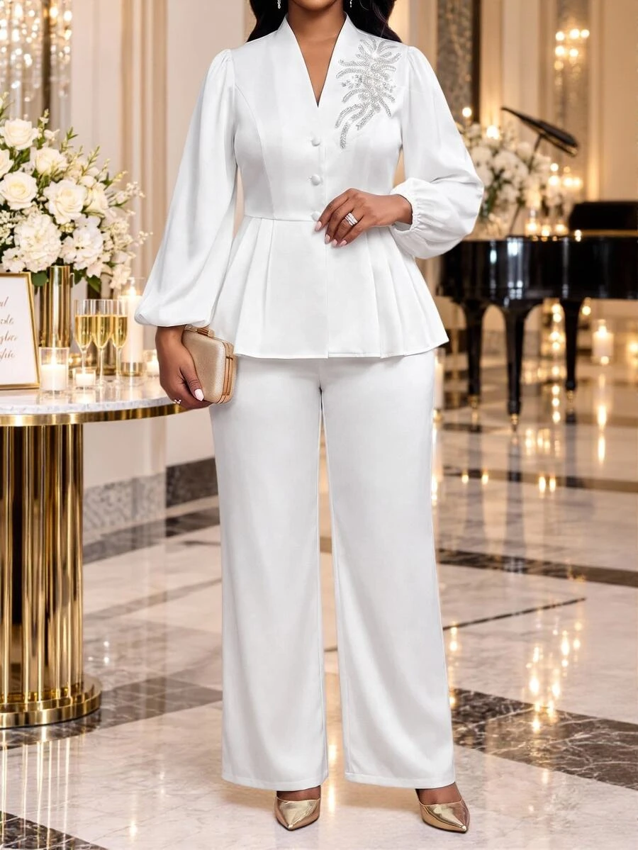 Fleurora Plus Size Button Embroidered Sequin Top And Loose Pants 2 Pieces Set Fall Christmas Wedding Formal White Romantic Elegant - White - View 1
