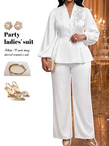 Fleurora Plus Size Button Embroidered Sequin Top And Loose Pants 2 Pieces Set - White - View 6
