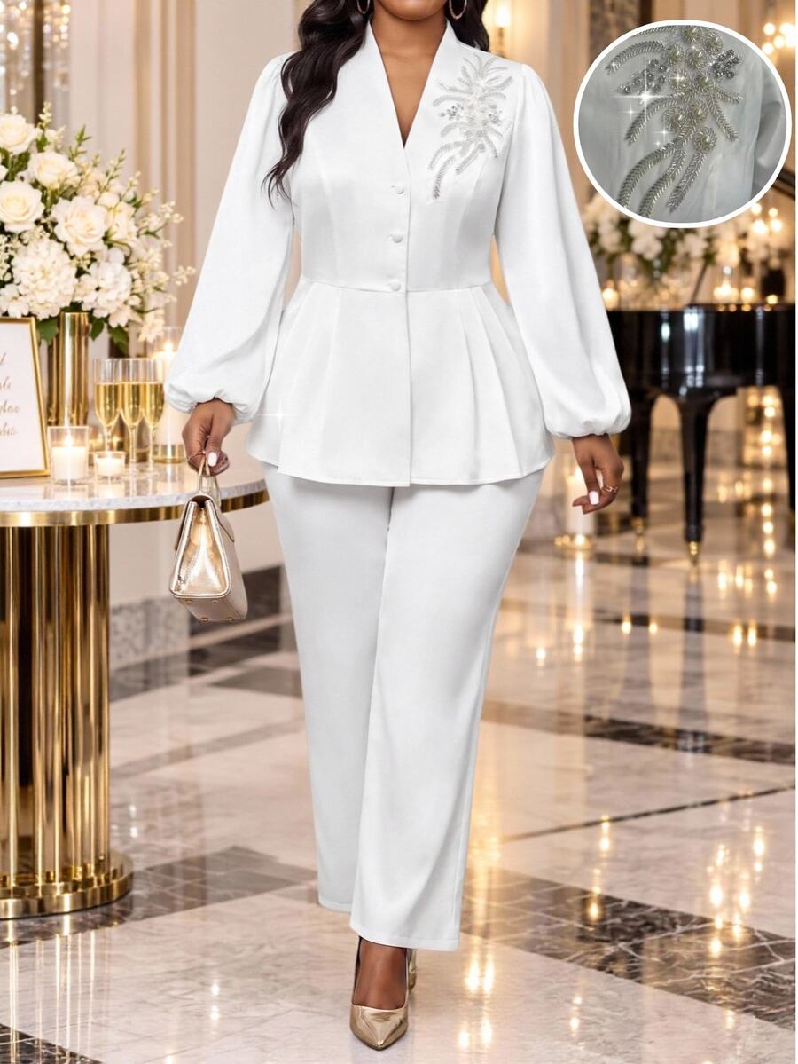 Fleurora Plus Size Button Embroidered Sequin Top And Loose Pants 2 Pieces Set - White - View 1