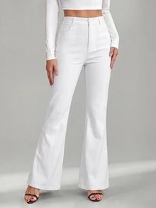 SHEIN Tall 女款純色前扣休閒修身喇叭黑色長褲 - 白色 - 查看 4
