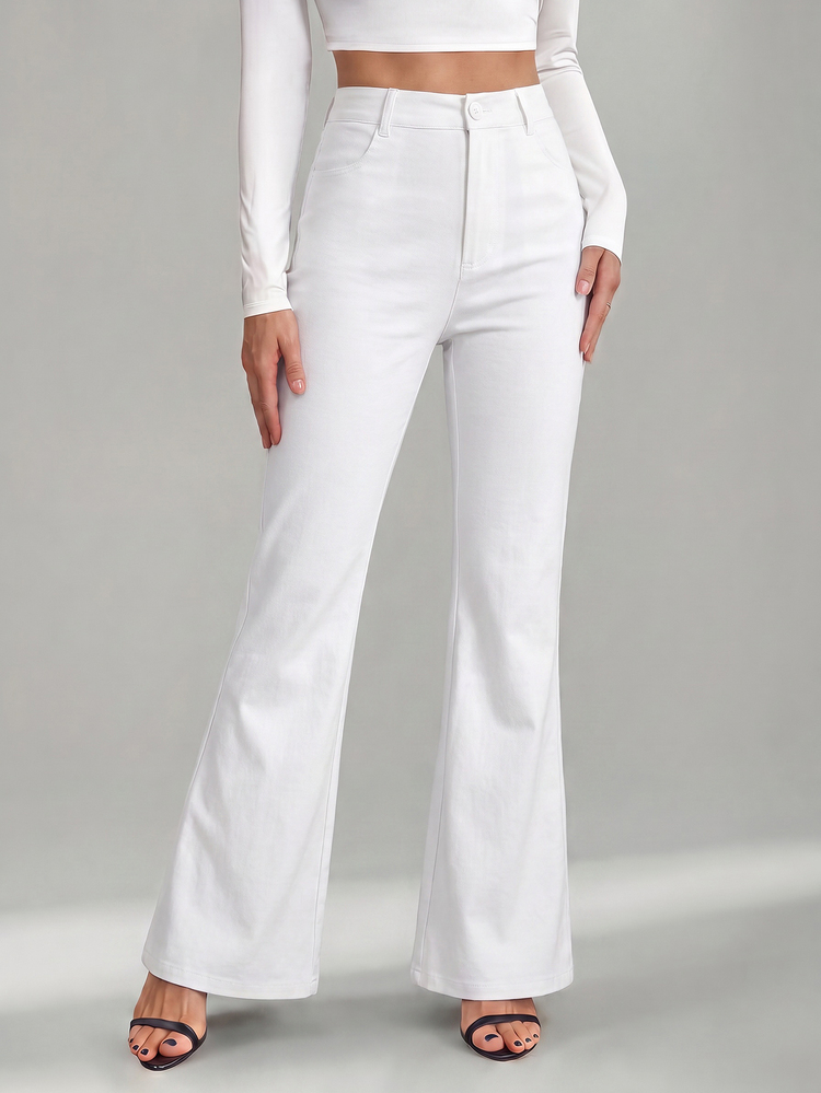 SHEIN Tall Women's Solid Color Front Button Casual Fitted Flare Black Pants - White - View 4