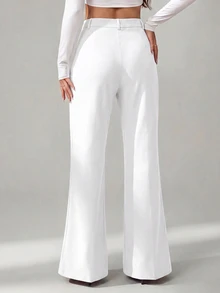 SHEIN Tall 女款純色前扣休閒修身喇叭黑色長褲 - 白色 - 查看 2