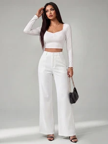 SHEIN Tall 女款純色前扣休閒修身喇叭黑色長褲 - 白色 - 查看 6