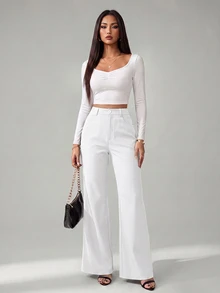 SHEIN Tall 女款純色前扣休閒修身喇叭黑色長褲 - 白色 - 查看 8