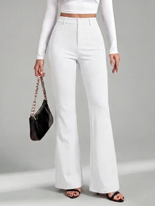 SHEIN Tall 女款純色前扣休閒修身喇叭黑色長褲 - 白色 - 查看 10