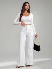 SHEIN Tall 女款純色前扣休閒修身喇叭黑色長褲 - 白色 - 查看 5