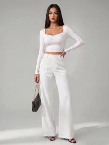 SHEIN Tall 女款純色前扣休閒修身喇叭黑色長褲 - 白色 - 查看 7