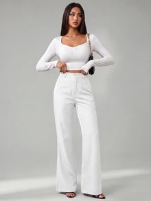 SHEIN Tall 女款純色前扣休閒修身喇叭黑色長褲 - 白色 - 查看 9