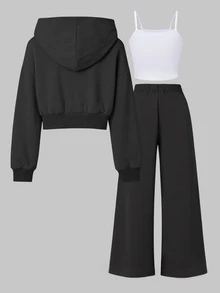 SHEIN (3件組)青少年女孩秋季休閒舒適白色細肩帶背心＋黑色短版拉鍊連帽外套＋寬腿長褲套裝，極簡日常運動穿搭 - 彩色 - 查看 3