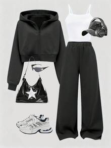 SHEIN (3件組)青少年女孩秋季休閒舒適白色細肩帶背心＋黑色短版拉鍊連帽外套＋寬腿長褲套裝，極簡日常運動穿搭 - 彩色 - 查看 2