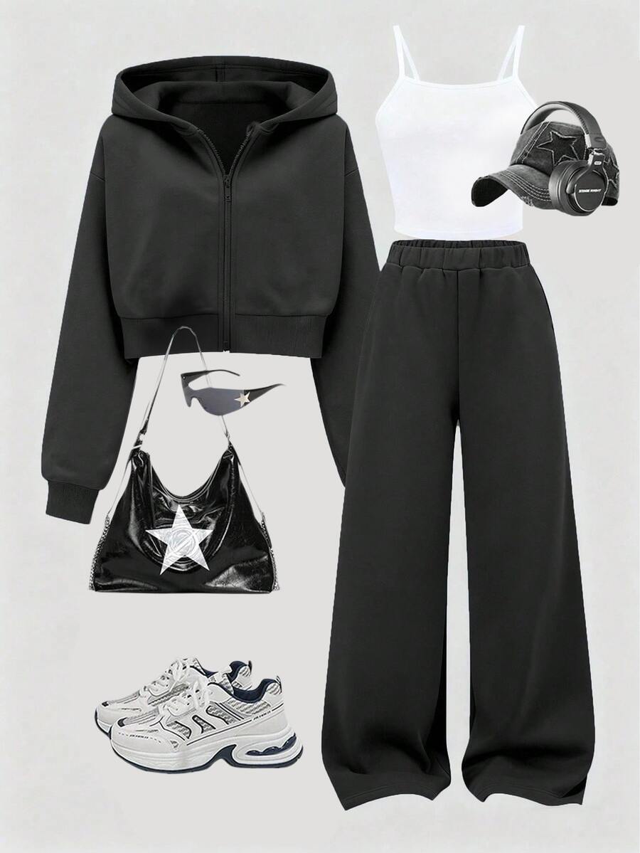 SHEIN (3件組)青少年女孩秋季休閒舒適白色細肩帶背心＋黑色短版拉鍊連帽外套＋寬腿長褲套裝，極簡日常運動穿搭