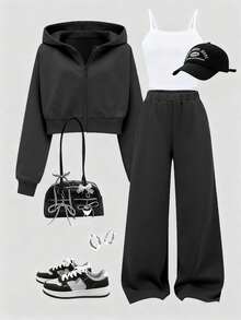 SHEIN (3件組)青少年女孩秋季休閒舒適白色細肩帶背心＋黑色短版拉鍊連帽外套＋寬腿長褲套裝，極簡日常運動穿搭 - 彩色 - 查看 4