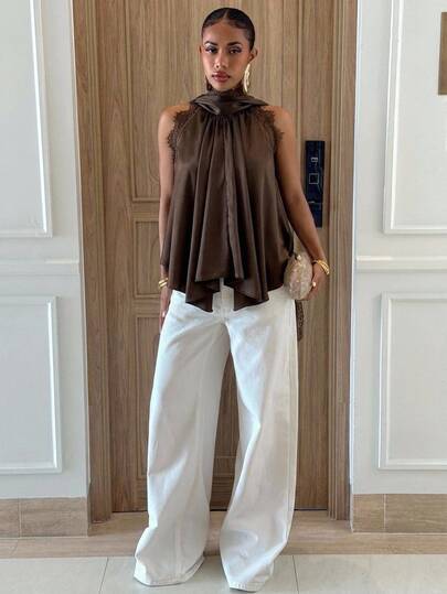 Aloruh Women's Elegant Chiffon & Lace Patchwork Blouse With Drape Collar Top,Elegant Women's Blouses,Festival Outfits For Women,Party Top