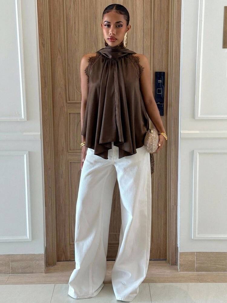 Aloruh Women's Elegant Chiffon & Lace Patchwork Blouse With Drape Collar Top,Elegant Women's Blouses,Festival Outfits For Women,Party Top - Brown - View 5