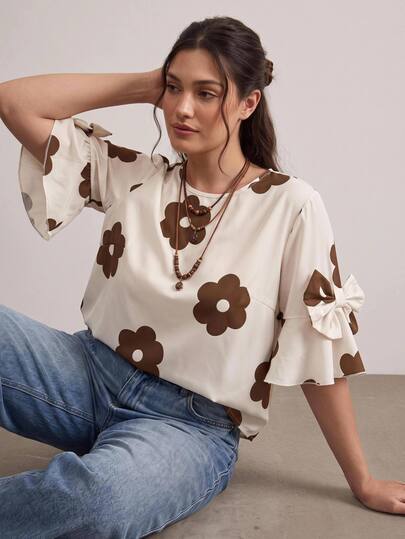 Nubod Bluză de damă cu imprimeu floral și guler rotund, mânecă evazată, model floral, stil Plus Size